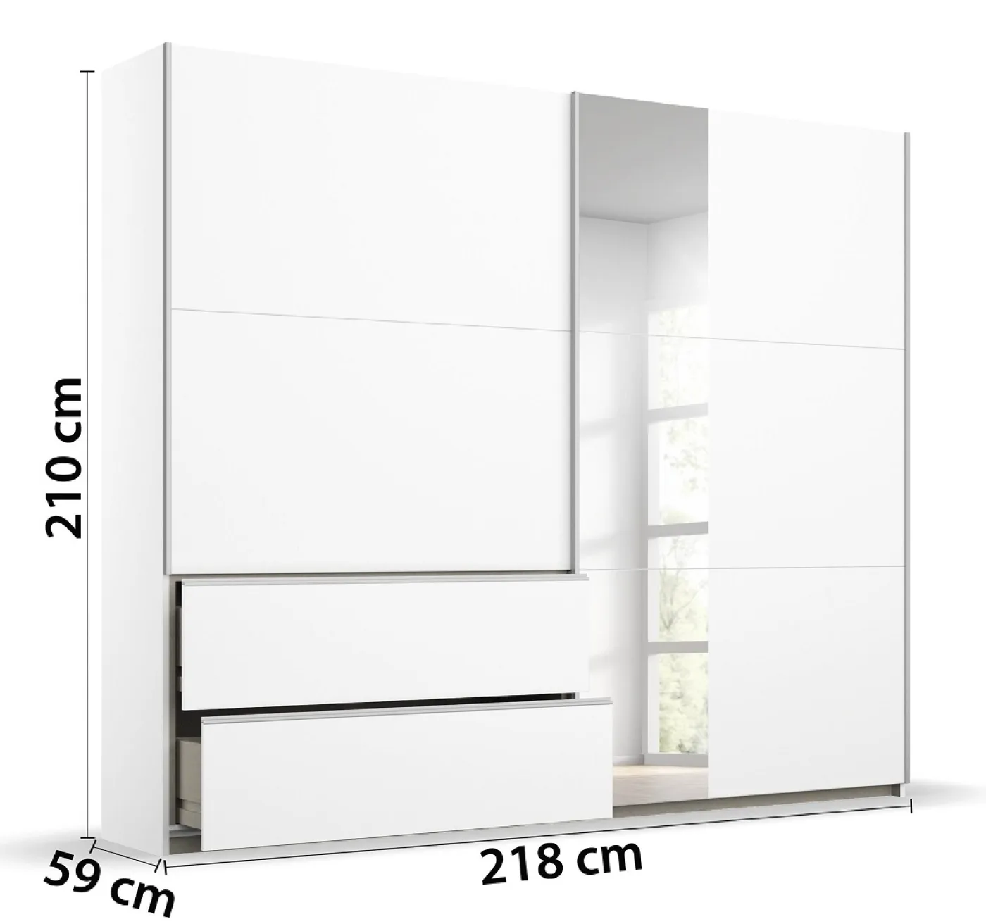 Kleiderschrank Schwebetürenschrank Sevilla mit Spiegel | 2-türig | Alpinweiß 218 x 210 x 59 cm