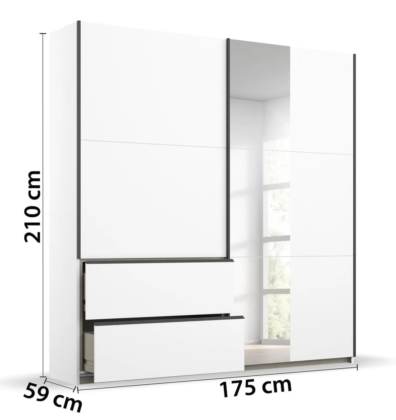 Kleiderschrank Schwebetürenschrank Sevilla mit Spiegel | 2-türig | Alpinweiß / grau metallic | 175 x 210 x 59 cm