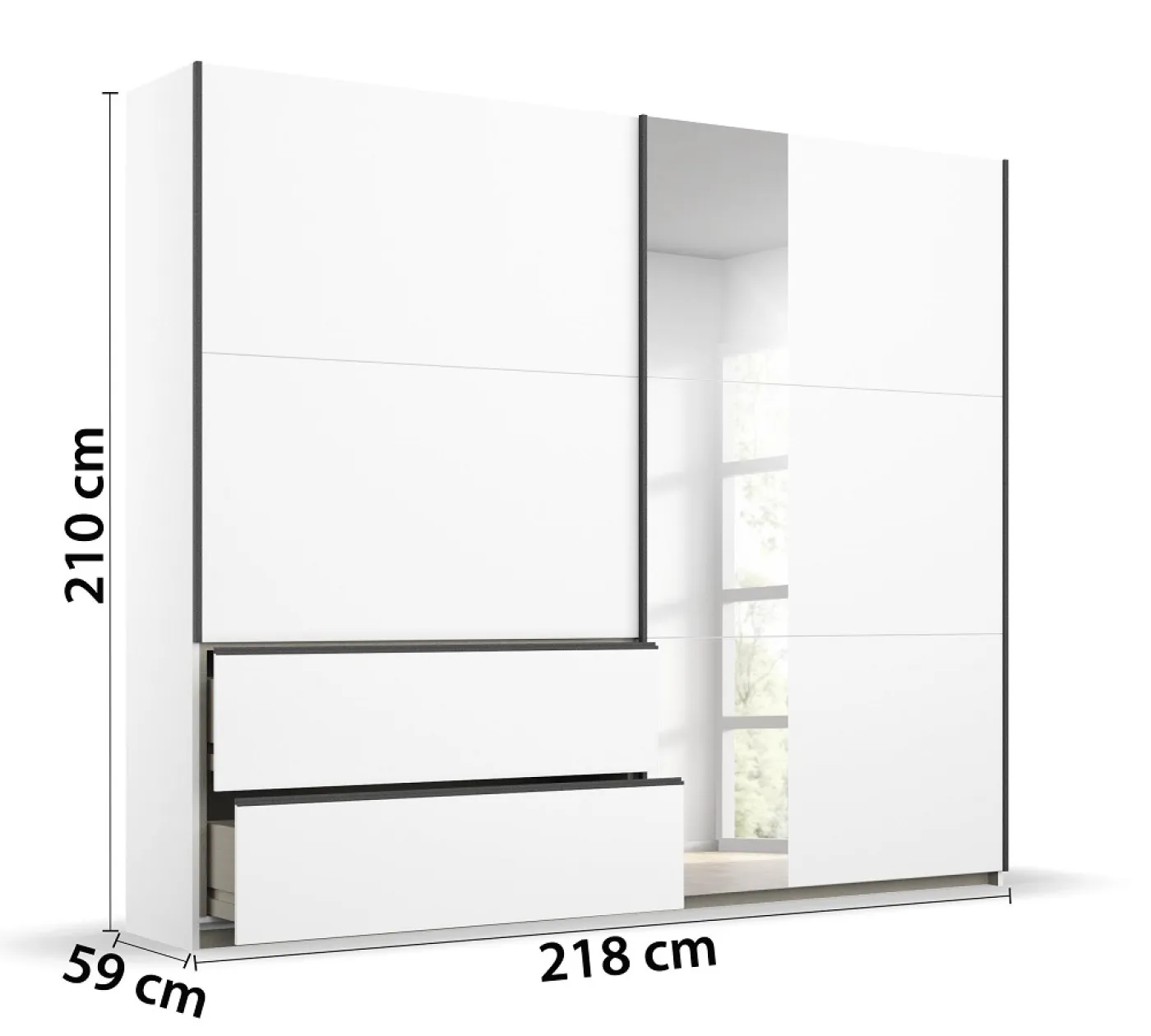 Kleiderschrank Schwebetürenschrank Sevilla mit Spiegel | 2-türig | Alpinweiß / grau metallic | 218 x 210 x 59 cm