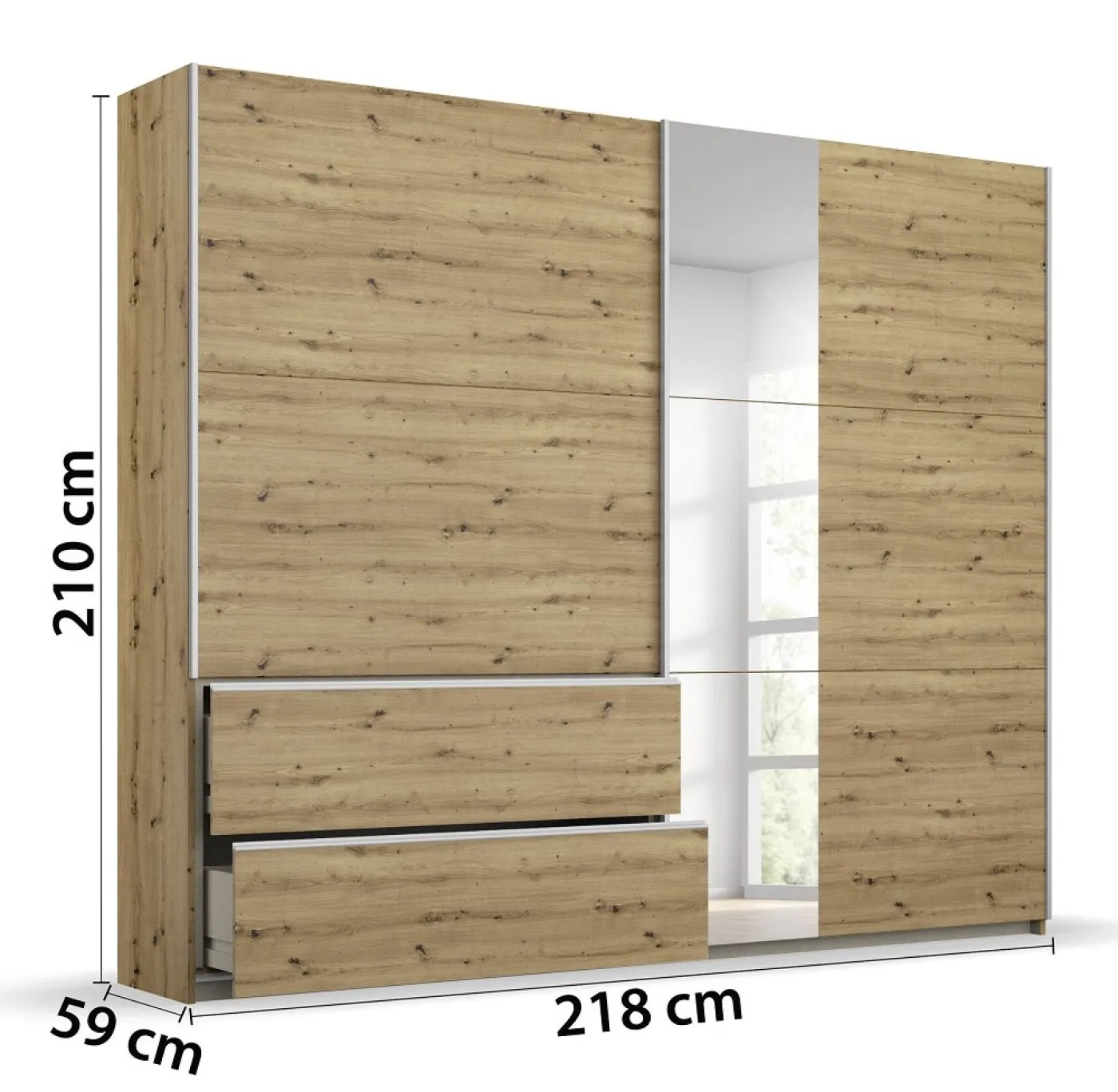 Kleiderschrank Schwebetürenschrank Sevilla mit Spiegel | 2-türig | Eiche Artisan | 218 x 210 x 59 cm