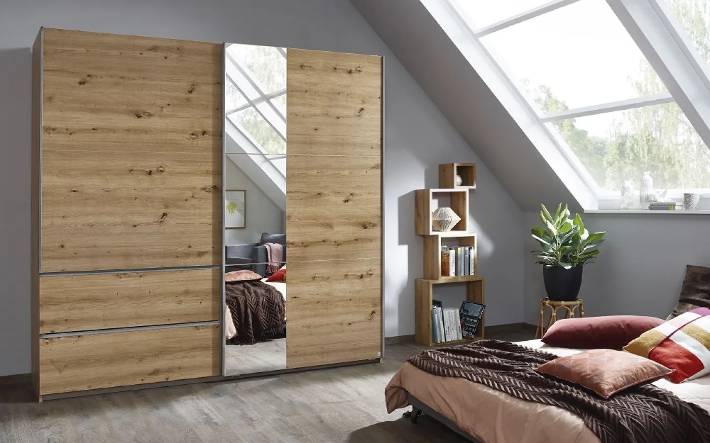 Kleiderschrank Schwebetürenschrank Sevilla mit Spiegel | 2-türig | Eiche Artisan | 218 x 210 x 59 cm