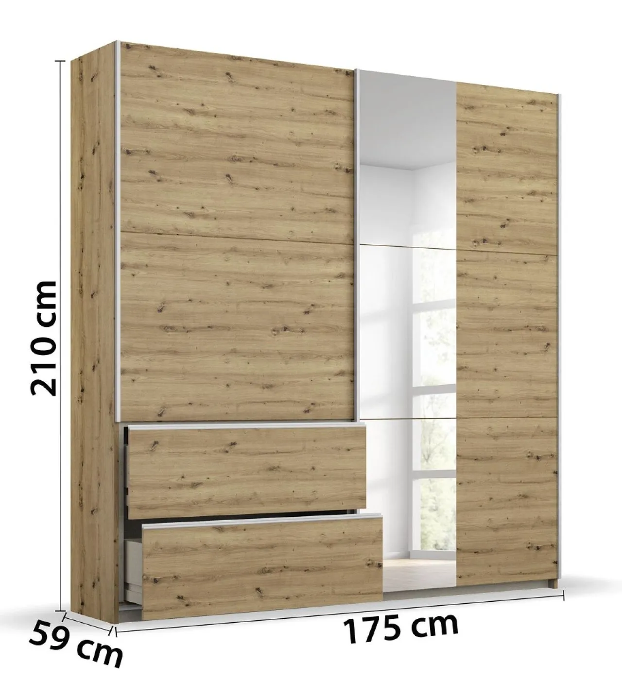 Kleiderschrank Schwebetürenschrank Sevilla mit Spiegel | 2-türig | Eiche Artisan | verschiedene Größen