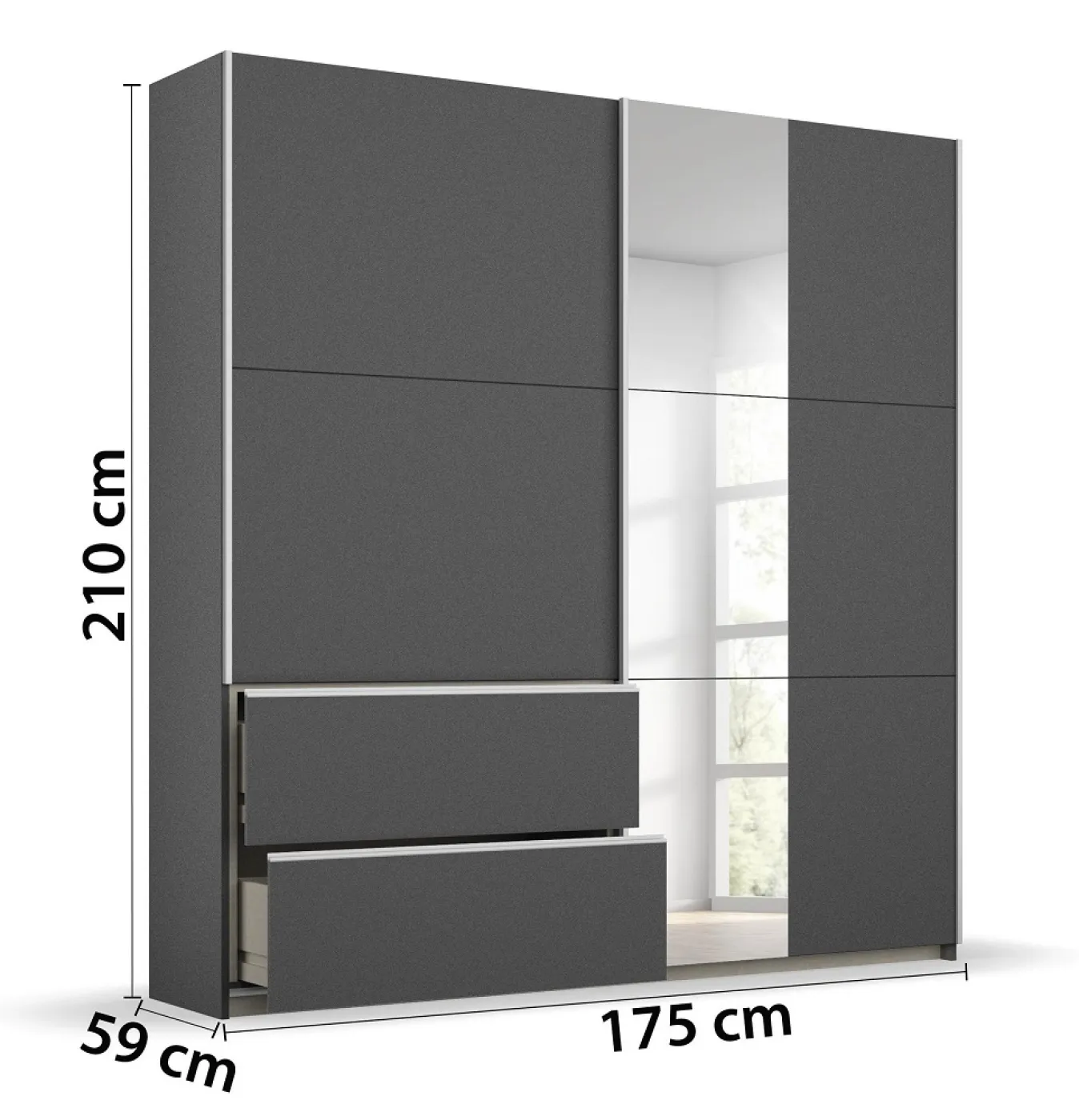 Kleiderschrank Schwebetürenschrank Sevilla mit Spiegel | 2-türig | grau metallic | 175 x 210 x 59 cm