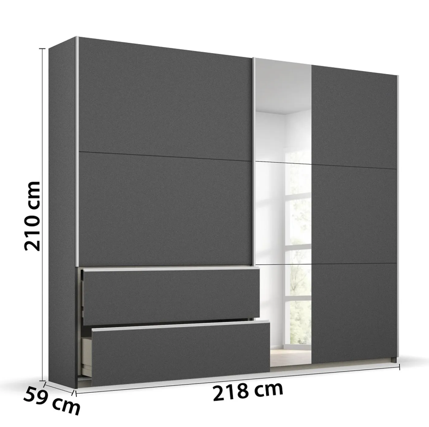 Kleiderschrank Schwebetürenschrank Sevilla mit Spiegel | 2-türig | grau metallic | 218 x 210 x 59 cm