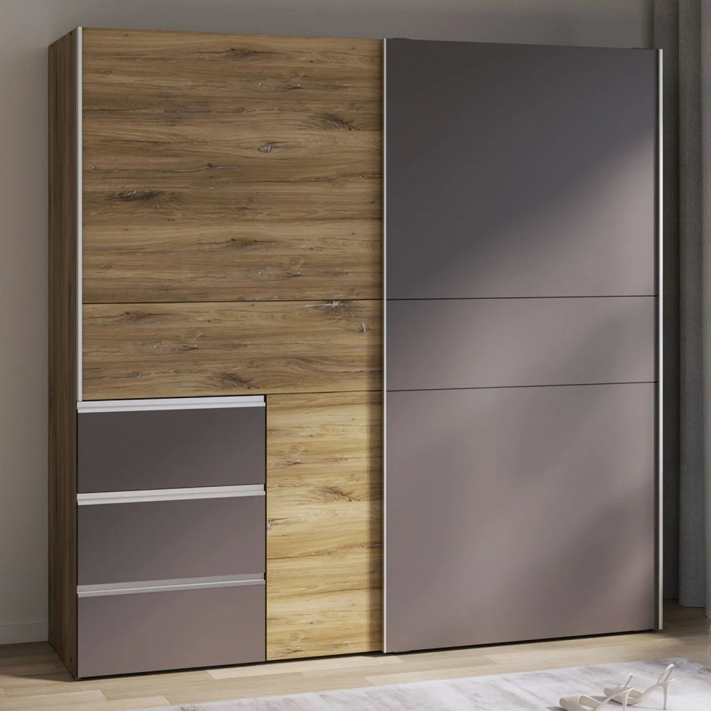 Kleiderschrank Schwebetürenschrank WINN 2 | 2-türig | Flagstaff Eiche / Grau