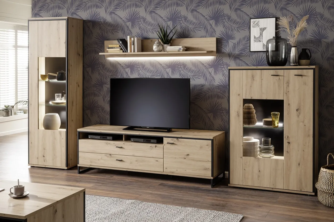 Kombi-Highboard Buenos Aires | Balkeneiche | mit 1-er Set LED Rückwandbeleuchtung