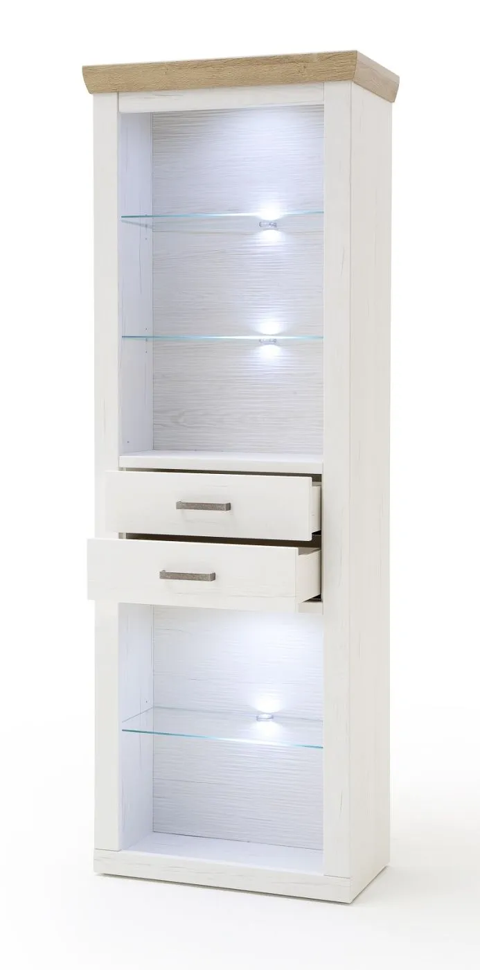 Kombi-Regal Brixen, Weiß Pinie Dekor, Landhausstil, Vitrine mit 4 Glasböden, 2 Schubkästen, LED-Beleuchtung – Ansicht 2