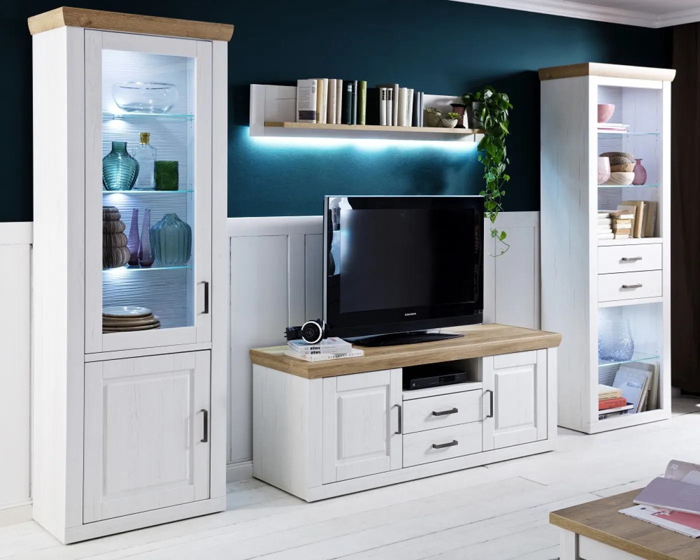 Kombi-Regal Brixen | Landhaus modern | Pinie Aurelio / Grandson Oak mit 2er Set LED Unterbauspots