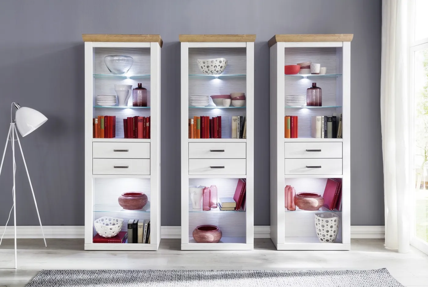 Kombi-Regal Brixen | Landhaus modern | Pinie Aurelio / Grandson Oak mit 2er Set LED Unterbauspots