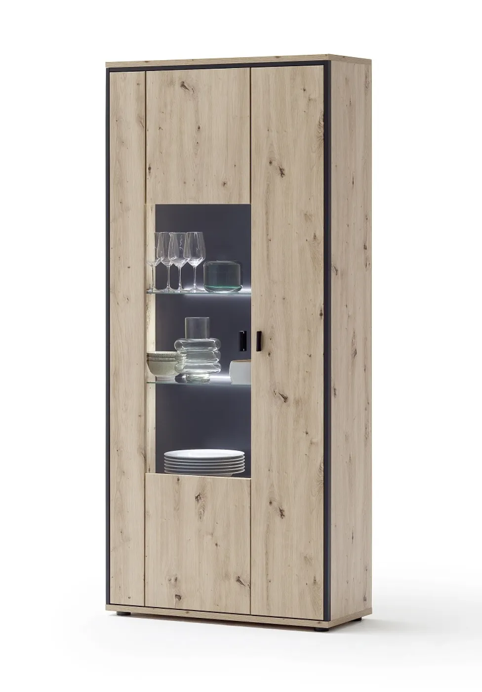 Kombi-Vitrine Buenos Aires | Balkeneiche | mit 2-er Set LED Rückwandbeleuchtung