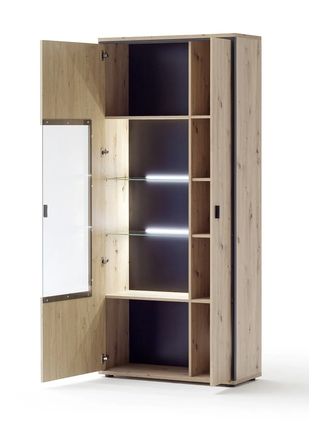 Kombi-Vitrine Buenos Aires | Balkeneiche | mit 2-er Set LED Rückwandbeleuchtung