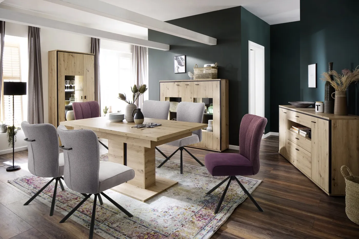 Kombi-Vitrine Buenos Aires | Balkeneiche | mit 2-er Set LED Rückwandbeleuchtung