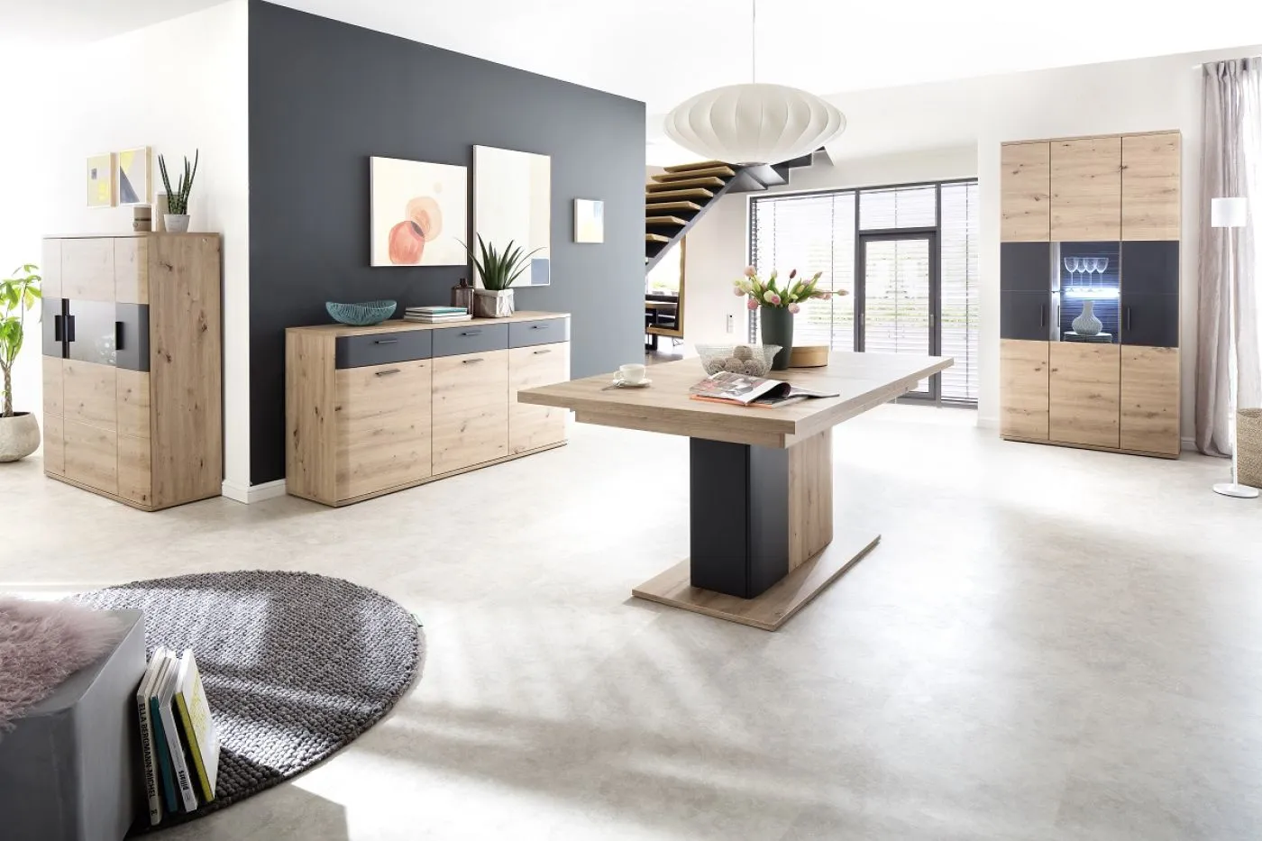 Kombi-Vitrine Cortona | Balkeneiche / anthrazit | LED Beleuchtung