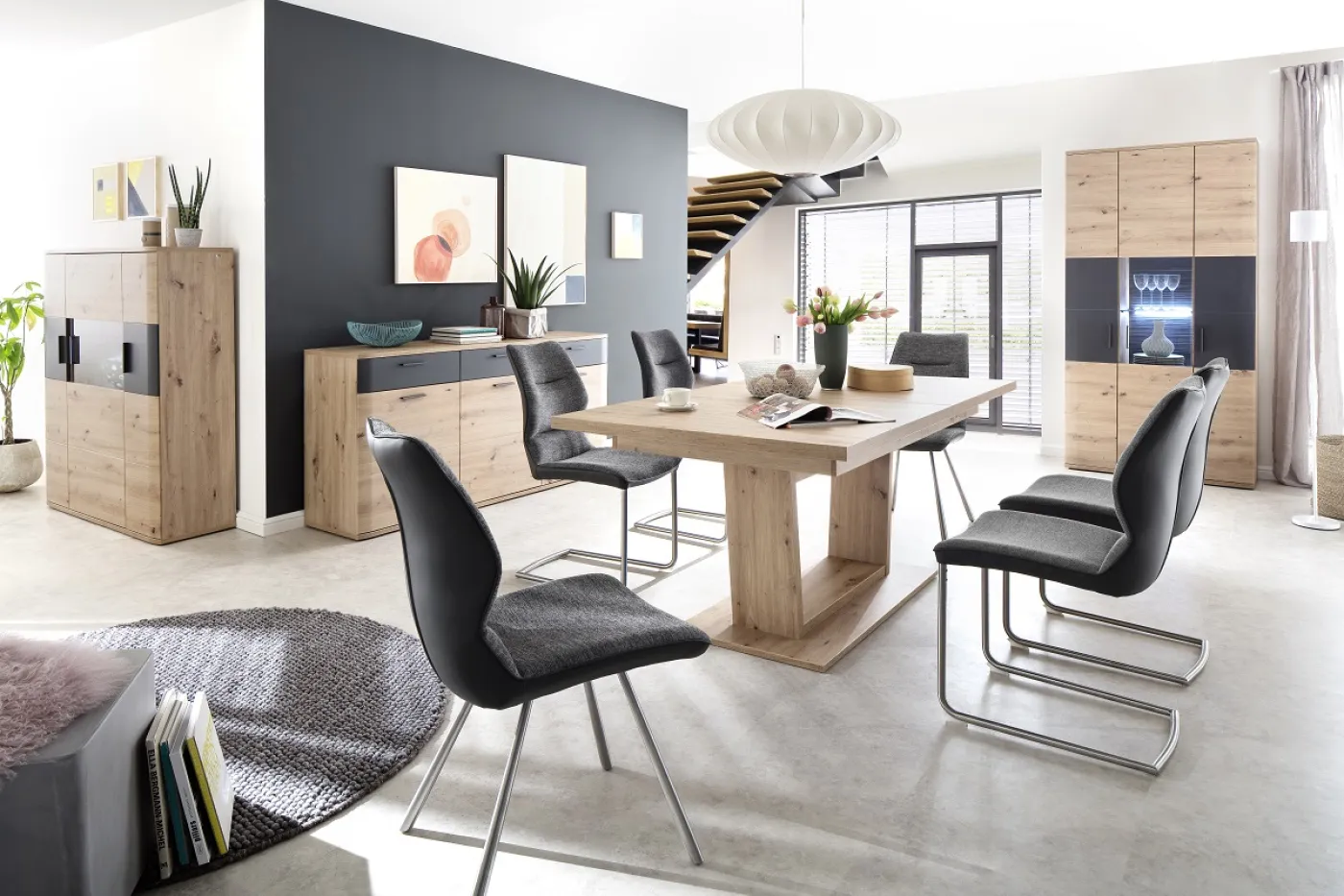 Kombi-Vitrine Cortona | Balkeneiche / anthrazit | ohne Beleuchtung