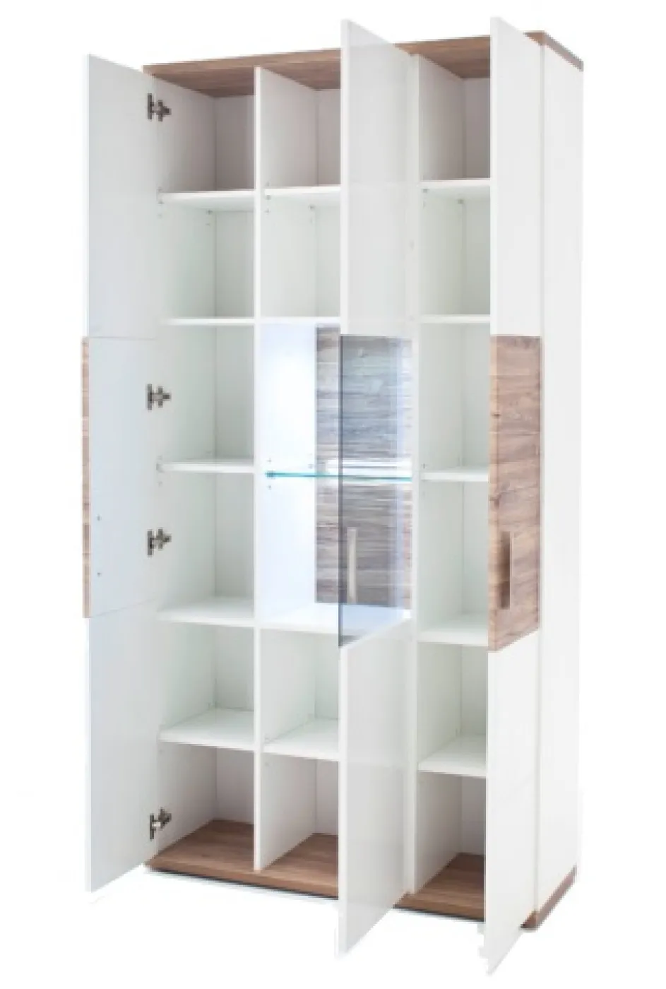 Kombi-Vitrine Luzern | weiß Hochglanz / Sterling Oak | 1er Set LED Unterbauspot