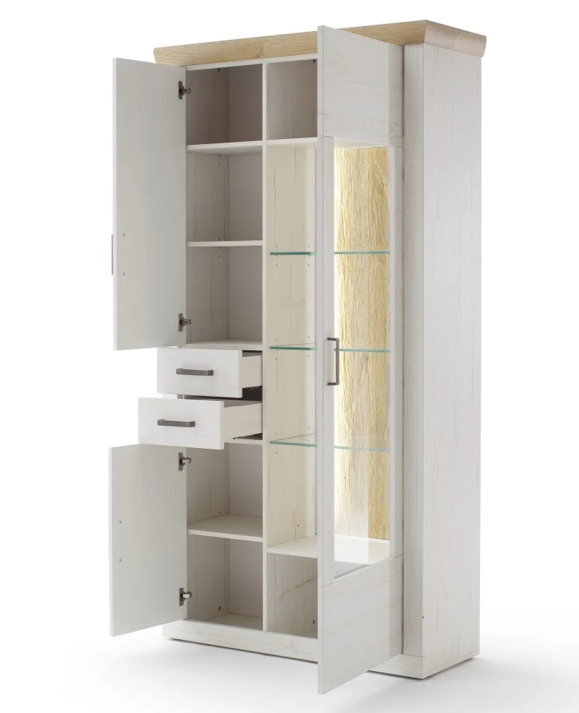 Kombi-Vitrine Madrid | Landhaus | Pinie Aurelio/ Grandson Oak | mit 2er set LED Band 135 cm