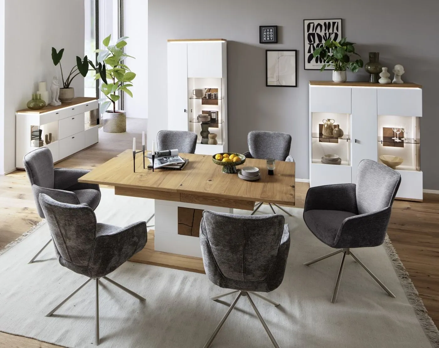 Kombi-Vitrine Matadi | Soft white / Ast-Balkeneiche | Beleuchtung Komplettset