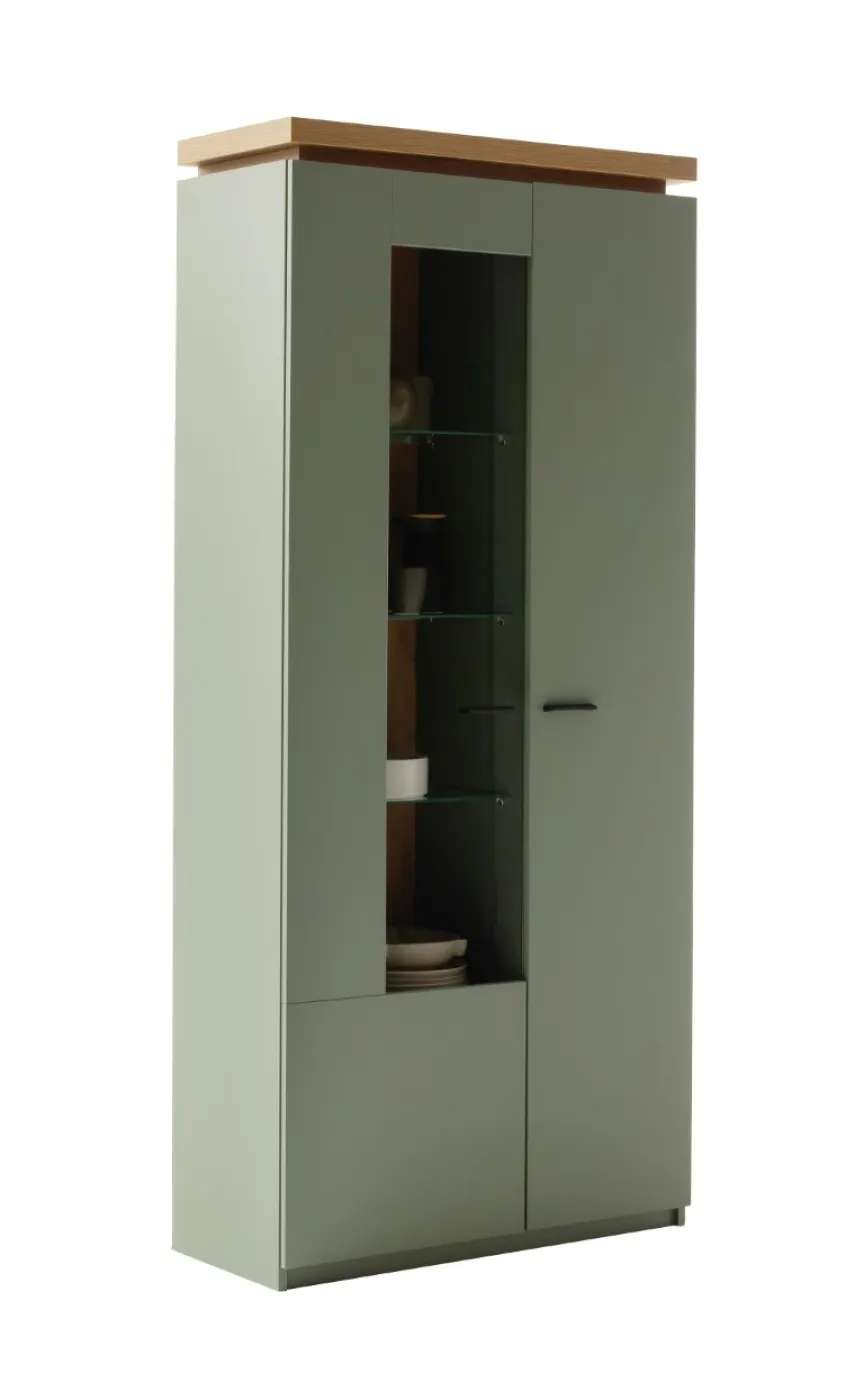 Kombi-Vitrine Moniz | Salbei grün / Eiche Evoke | LED Beleuchtung
