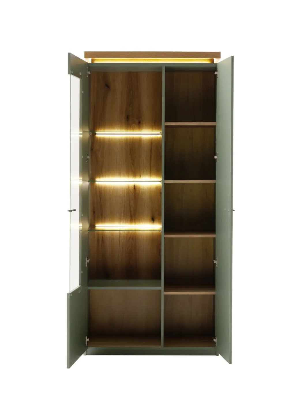 Kombi-Vitrine Moniz | Salbei grün / Eiche Evoke | LED Beleuchtung