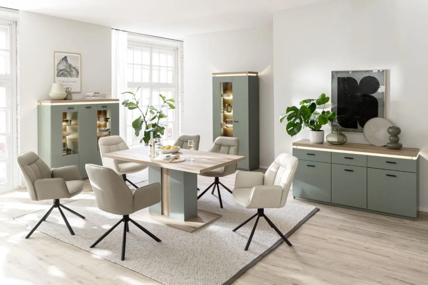 Kombi-Vitrine Moniz | Salbei grün / Eiche Evoke | ohne Beleuchtung