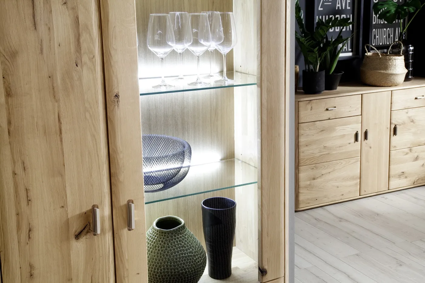 Kombi-Vitrine Ravello 2 | Balkeneiche Bianco | ohne Beleuchtung