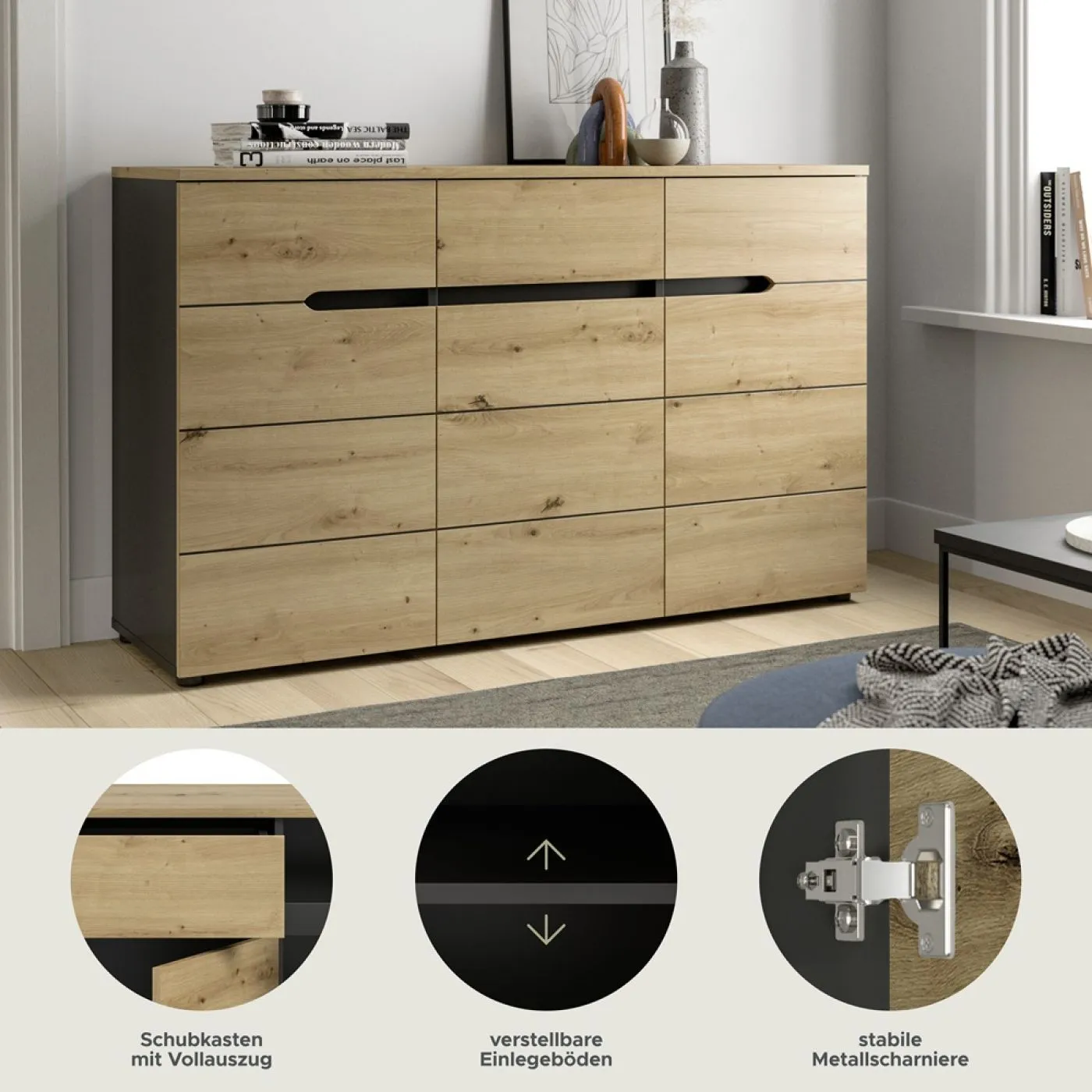 Kommode Canu | Basalt grau / Artisan Eiche