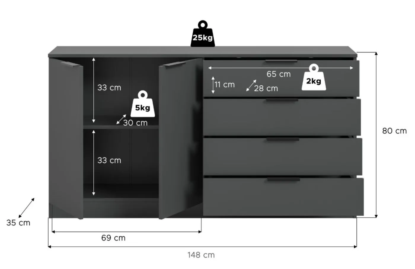 Kommode Kopenhagen 2 | mit 4 Schubkästen | anthrazit