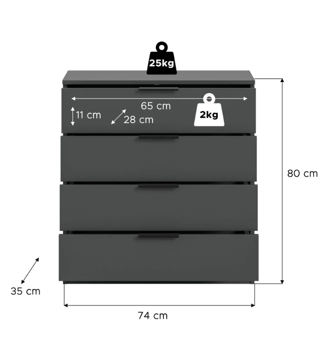 Kommode Kopenhagen | mit 4 Schubkästen | anthrazit