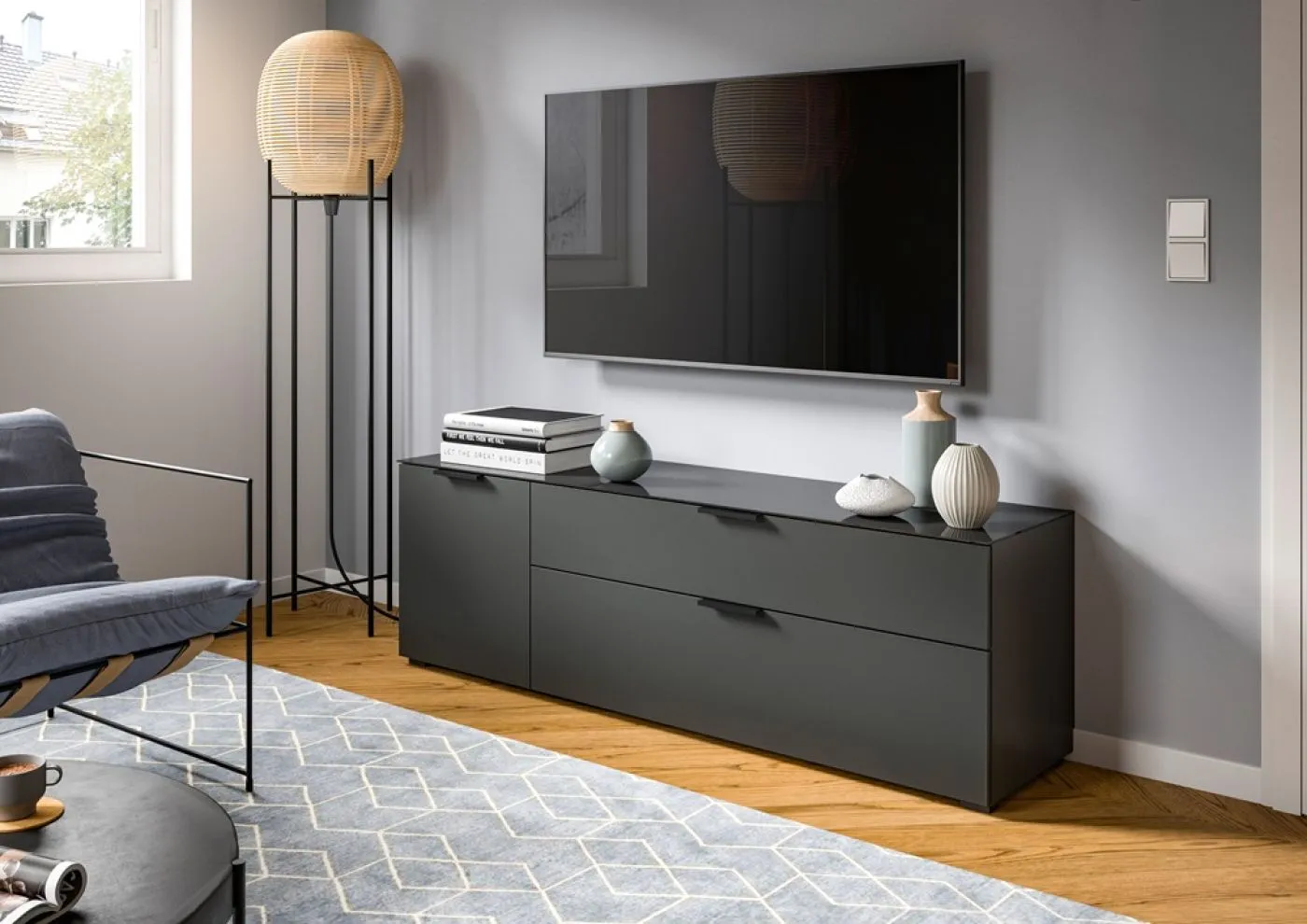 Kommode Lowboard Ray | mit Schubkästen & Glasabsetzung | anthrazit