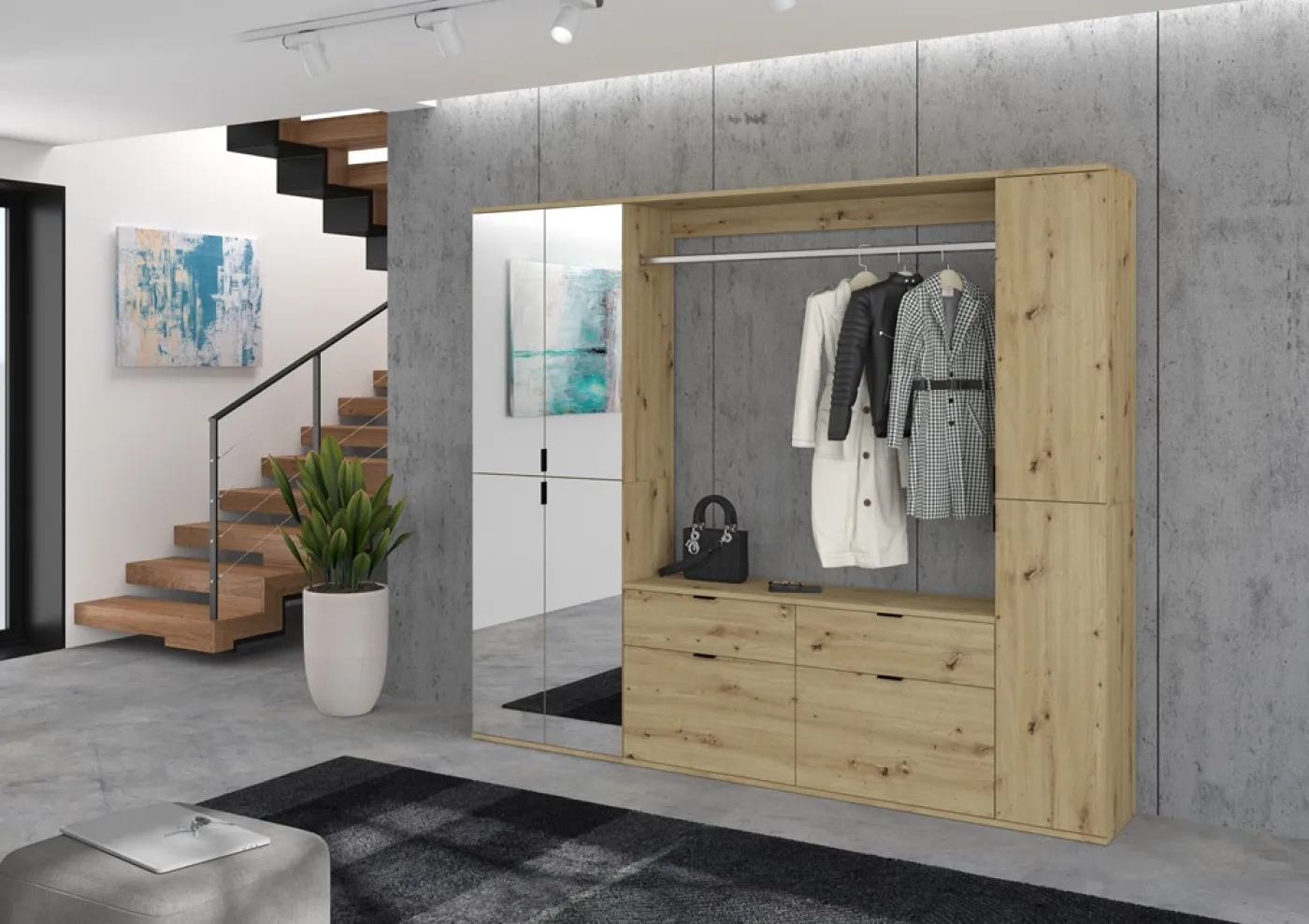 Kommode mit Garderobenstange Projekt X breit | Artisan Eiche