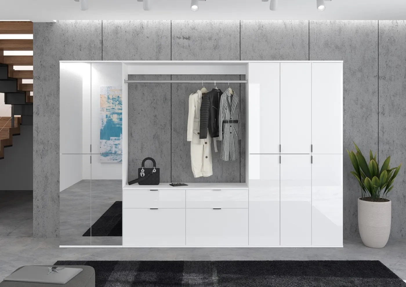 Kommode mit Garderobenstange Projekt X breit | weiß Hochglanz