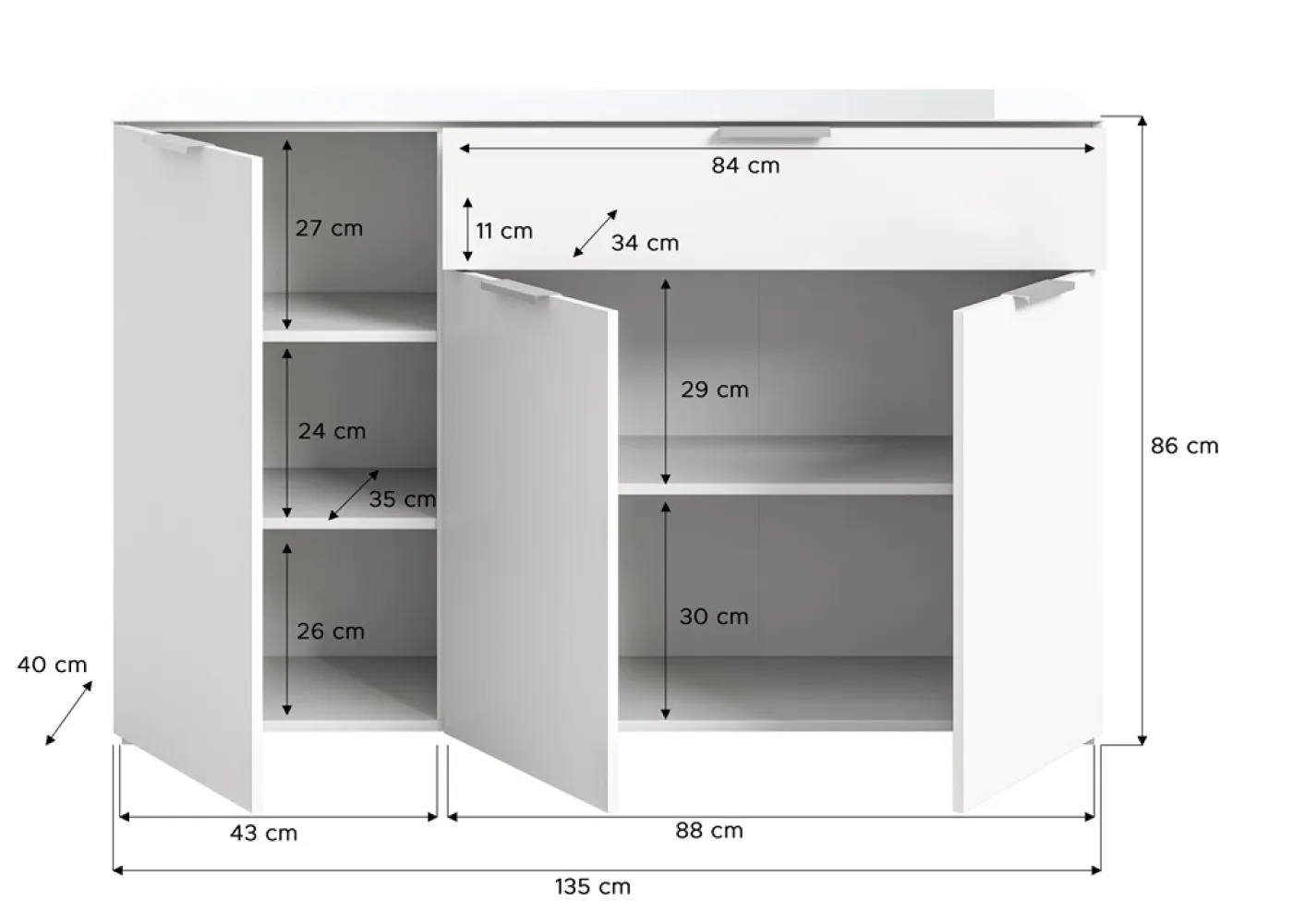 Kommode Ray | 3-türig | mit Glasabsetzung | weiß