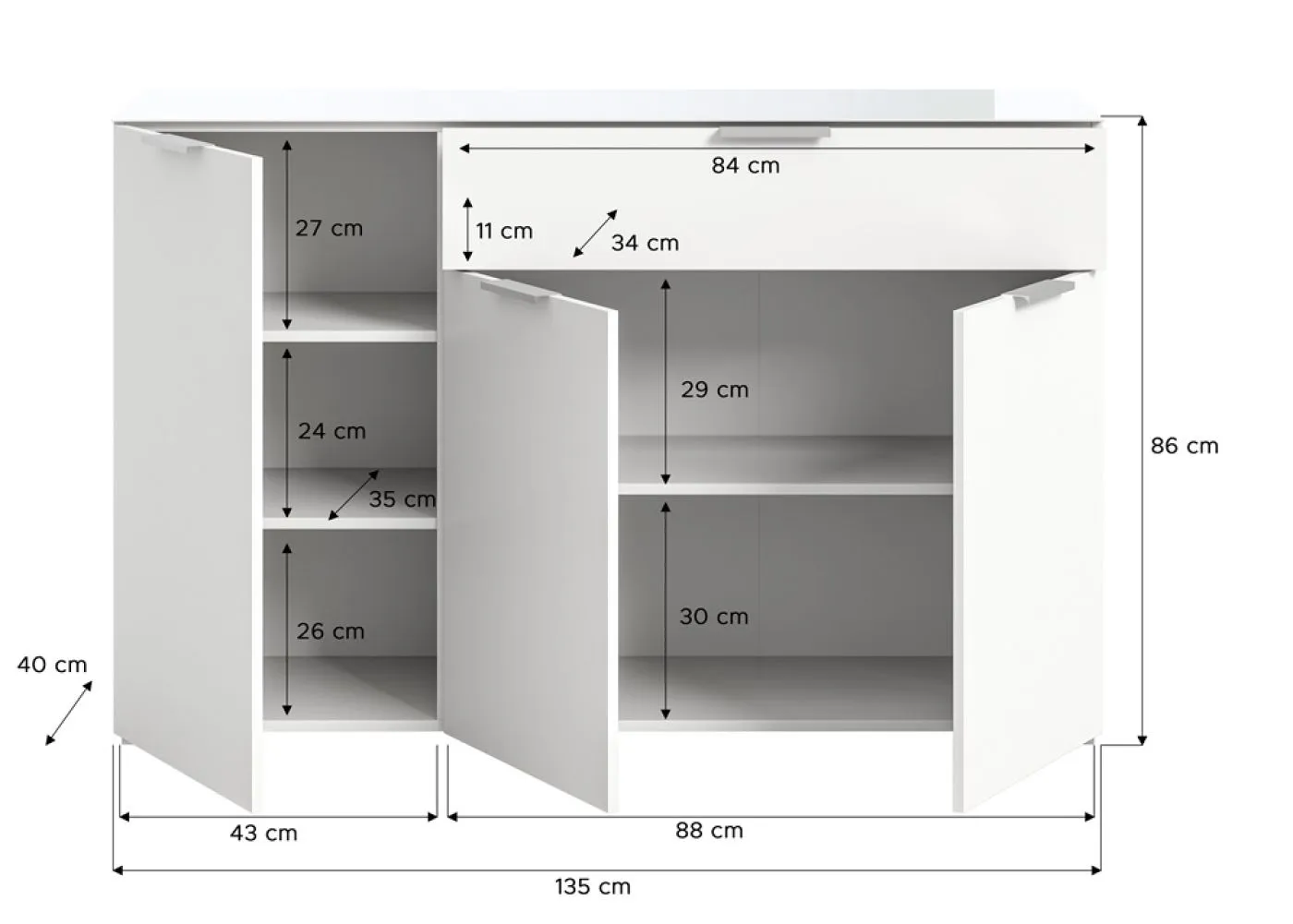 Kommode Ray | 3-türig | mit Glasabsetzung | weiß