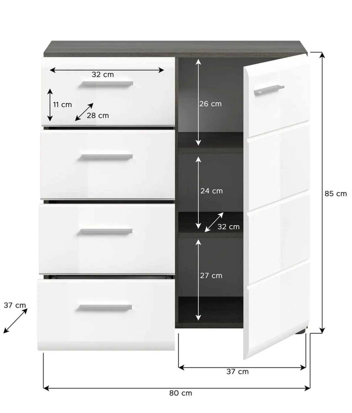 Kommode Salsa 1 | weiß Hochglanz / rauchsilber