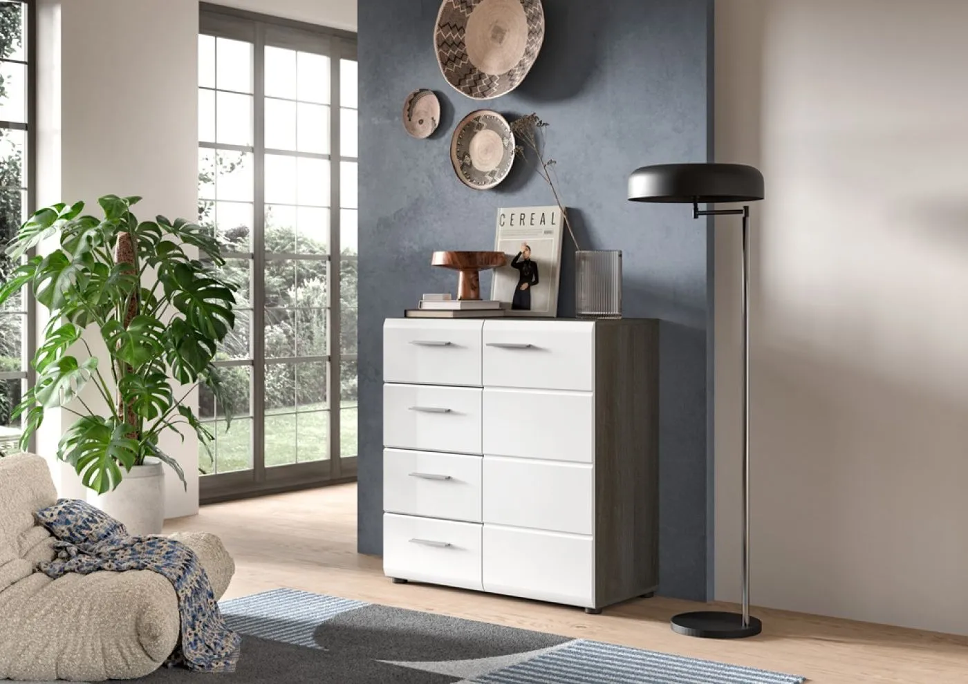 Kommode Salsa 1 | weiß Hochglanz / rauchsilber