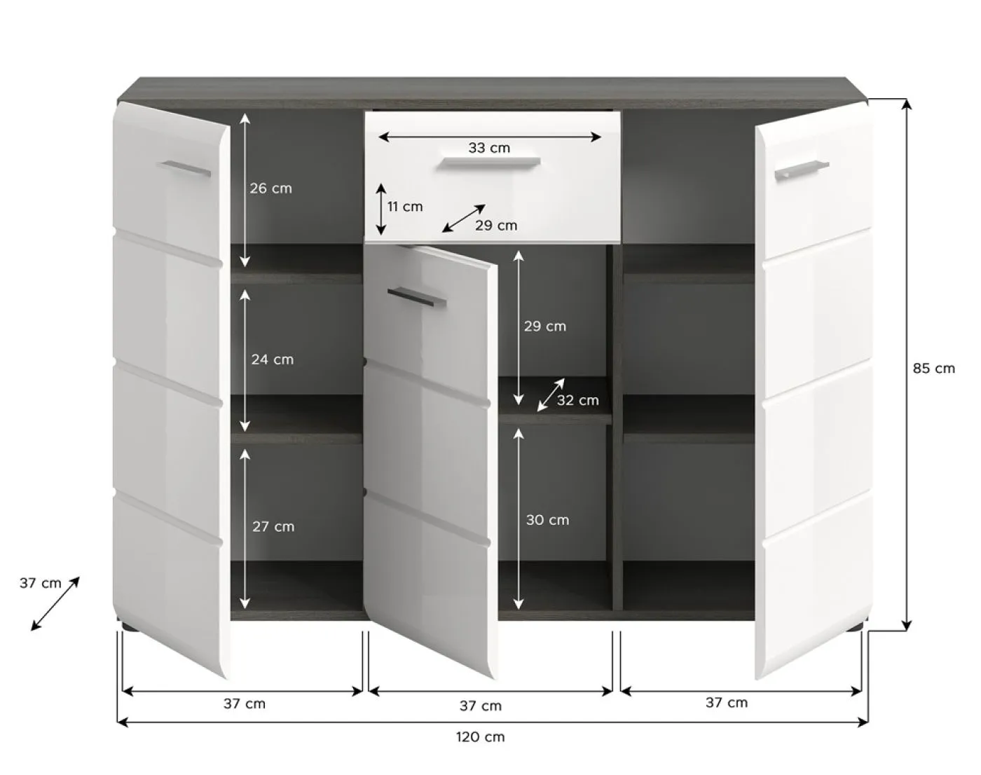 Kommode Salsa 2 | weiß Hochglanz / rauchsilber