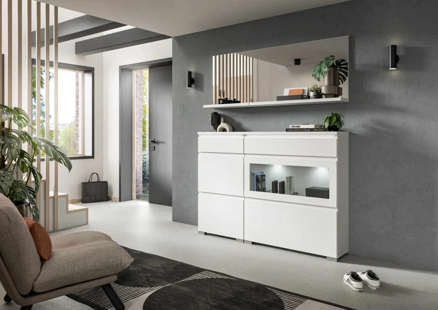 Kommode Schuhschrank Shoelove mit Schubkasten | weiß mit 3er Set LED Unterbauspot