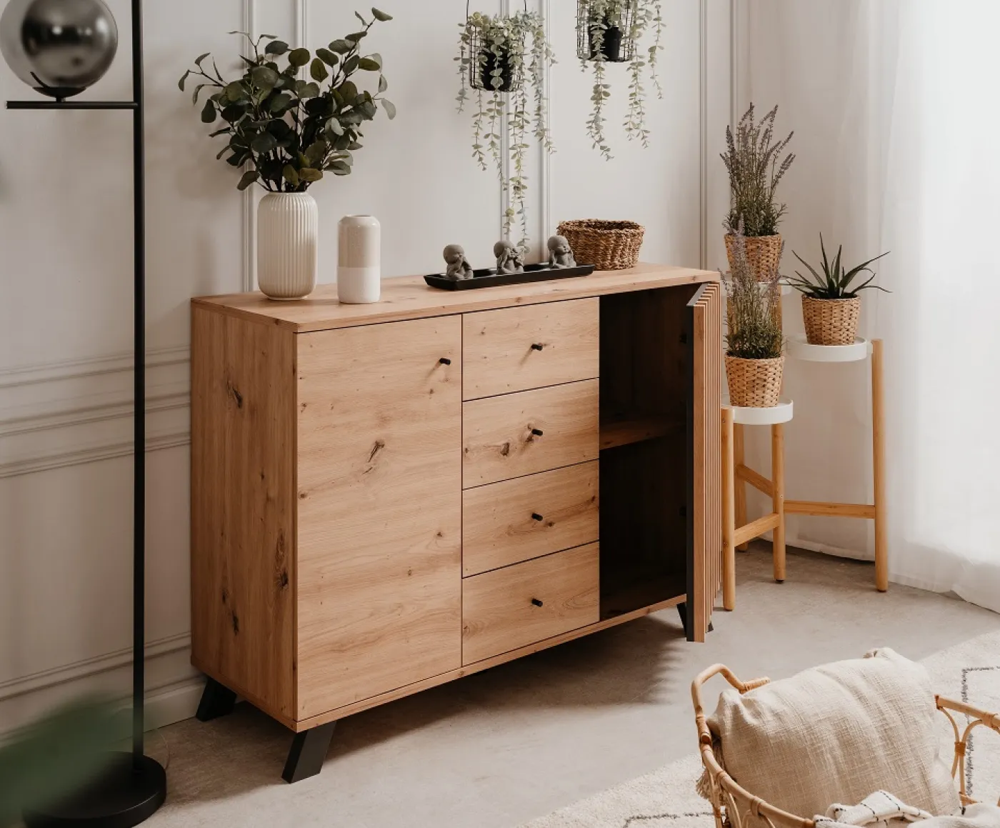 Kommode Sideboard Medan | mit 3D-Lamellen | Artisan Eiche / anthrazit