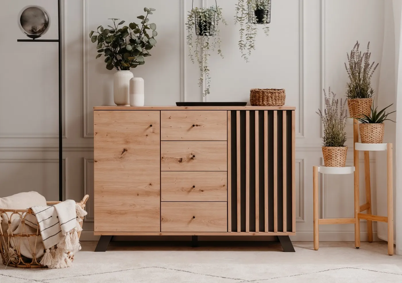 Kommode Sideboard Medan | mit 3D-Lamellen | Artisan Eiche / anthrazit