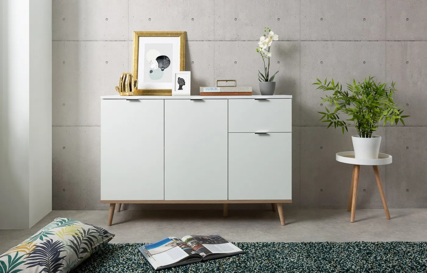 Kommode Sideboard Oslo 2 | Skandinavisch | weiß / Sonoma Eiche
