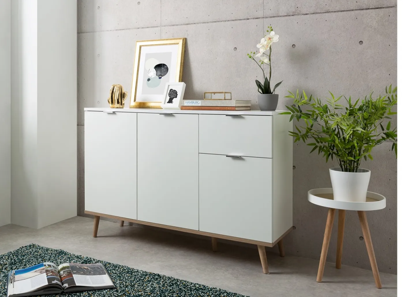 Kommode Sideboard Oslo 2 | Skandinavisch | weiß / Sonoma Eiche