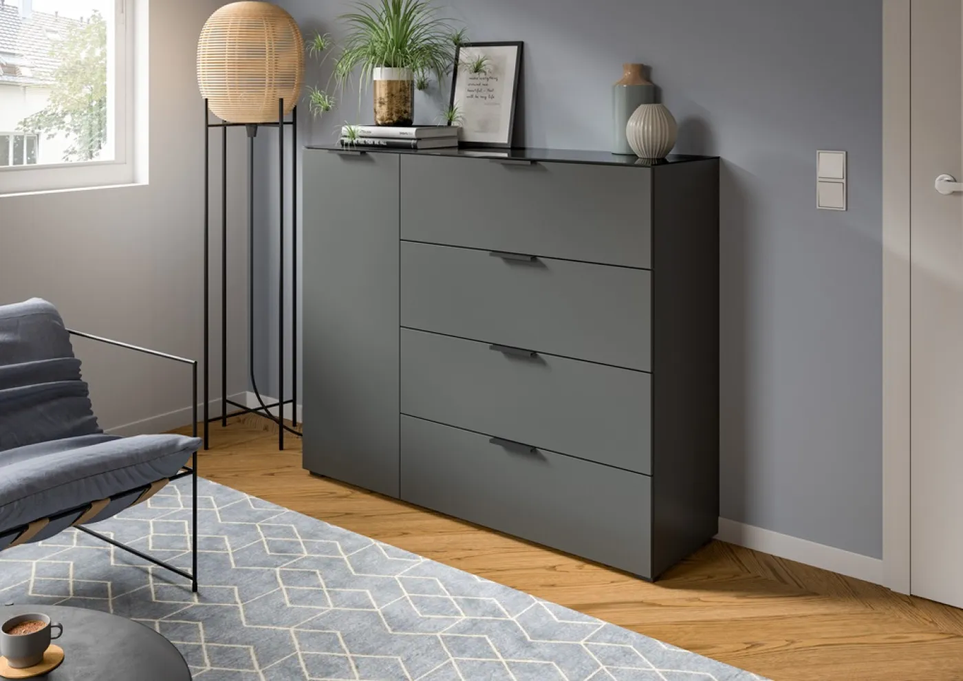 Kommode Sideboard Ray | mit Schubkästen & Glasabsetzung | anthrazit