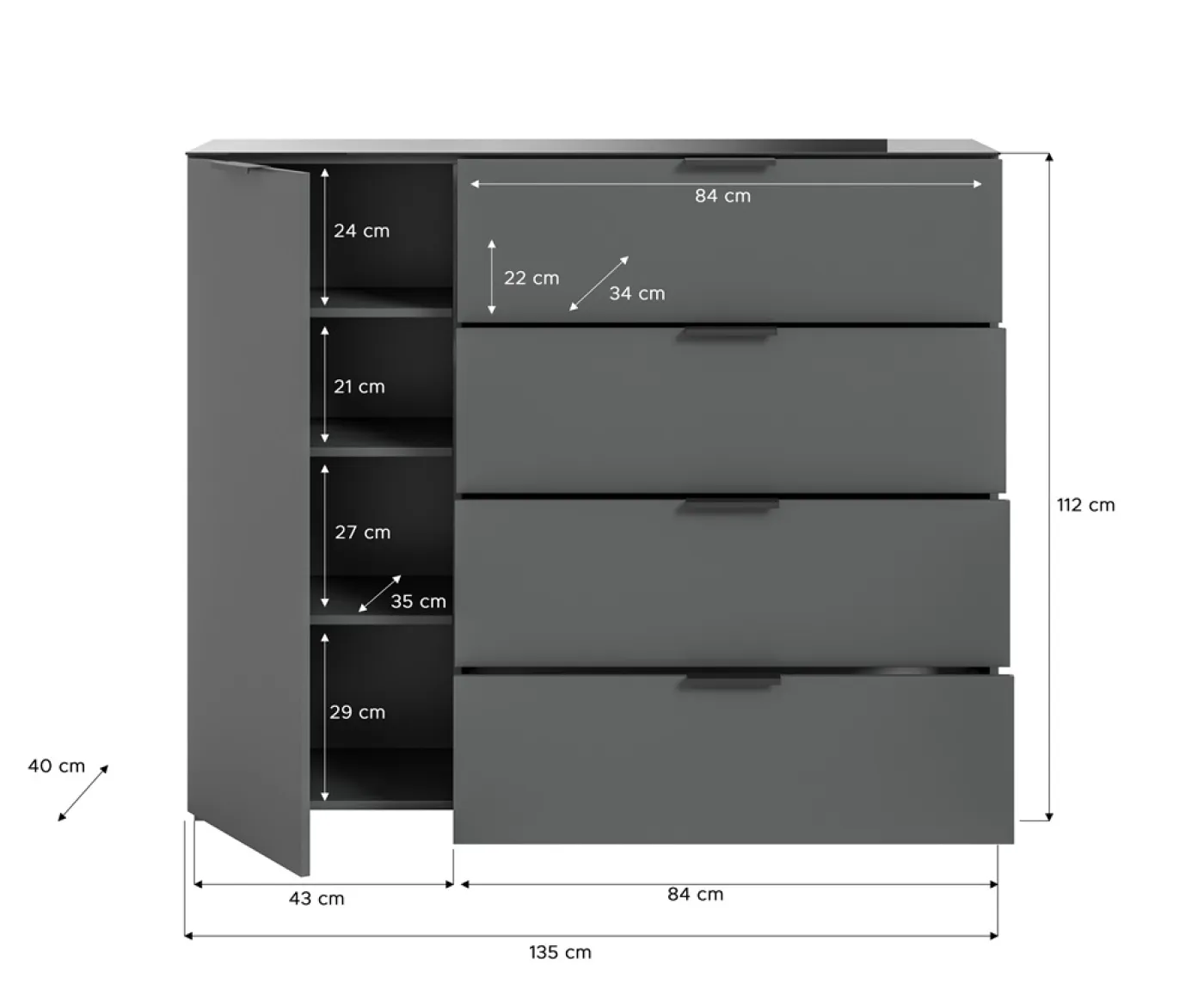 Kommode Sideboard Ray | mit Schubkästen & Glasabsetzung | anthrazit