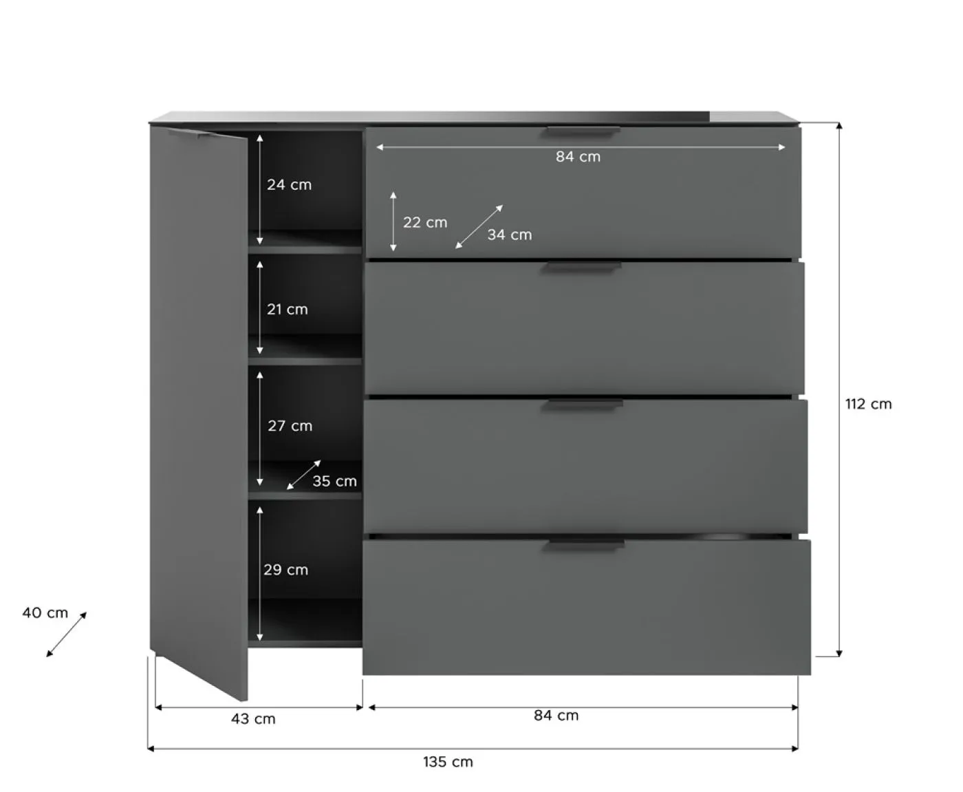 Kommode Sideboard Ray | mit Schubkästen & Glasabsetzung | anthrazit