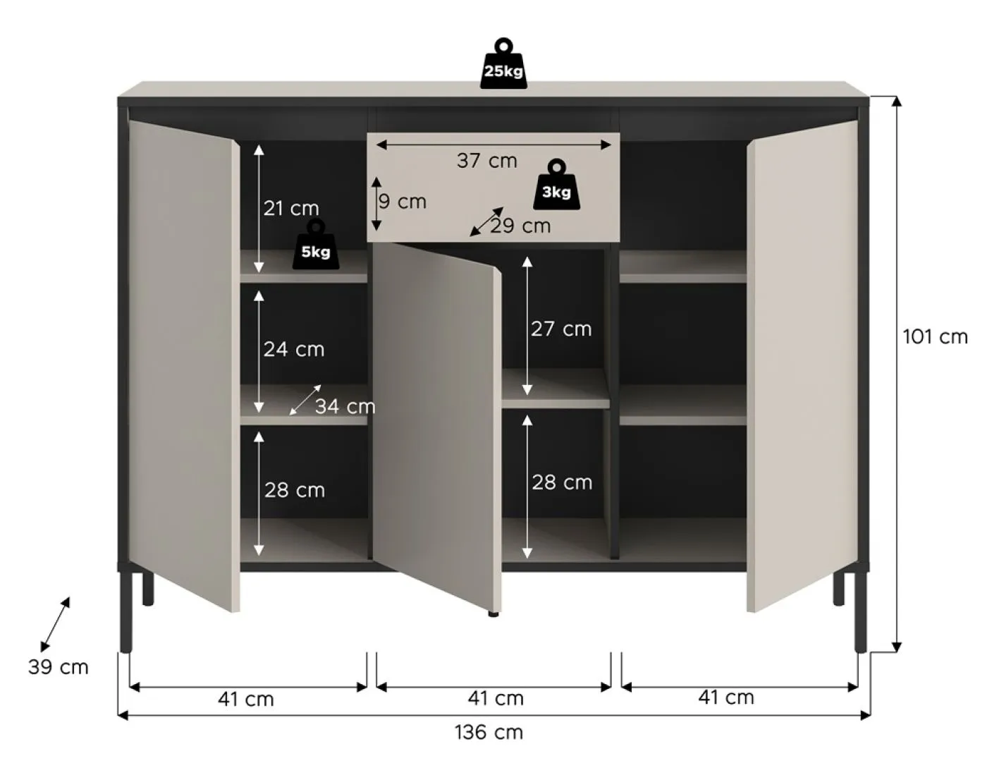 Kommode Tron mit Schubkasten | Kaschmir / schwarz