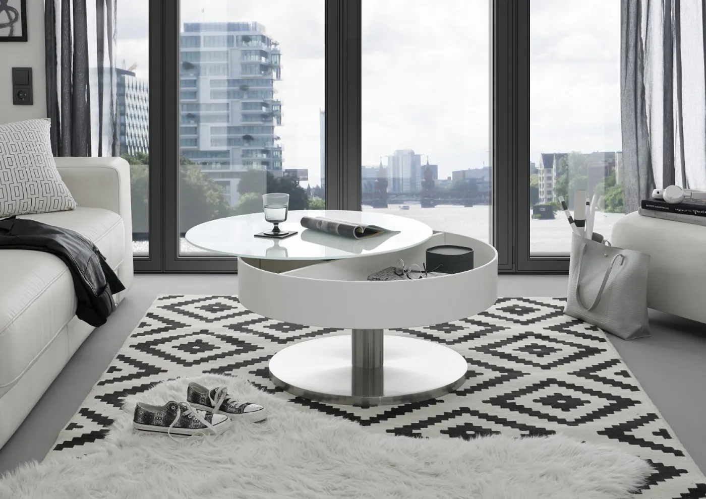 Couchtisch Suva | rund | Ø79 | weiß | drehbare Tischplatte | auf Rollen