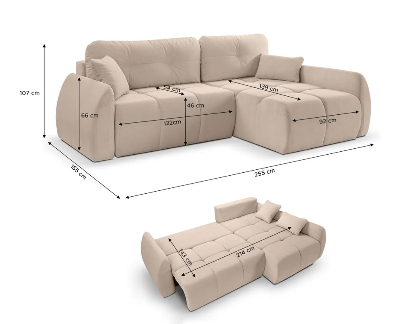 Long Eckschlafsofa Sancho rechts | 255cm | Cord | beige