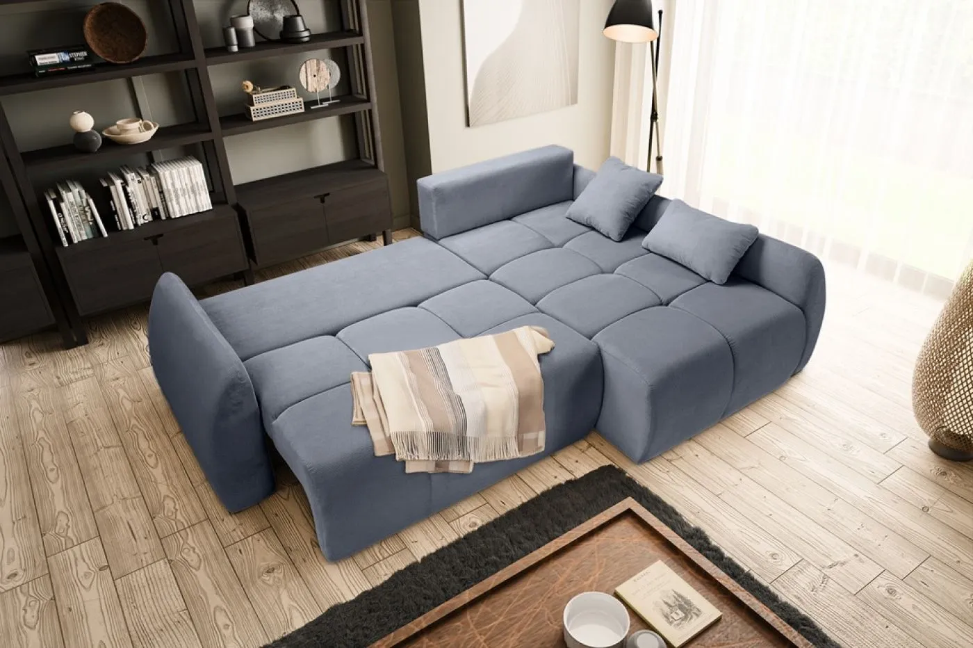 Long Eckschlafsofa Sancho rechts | 255cm | Cord | blau-grau