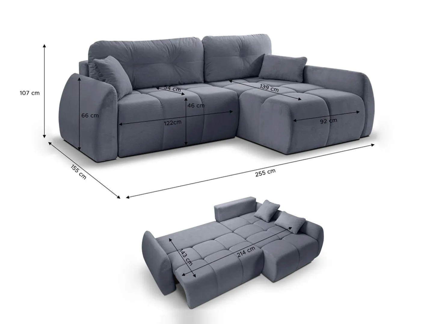 Long Eckschlafsofa Sancho rechts | 255cm | Cord | blau-grau