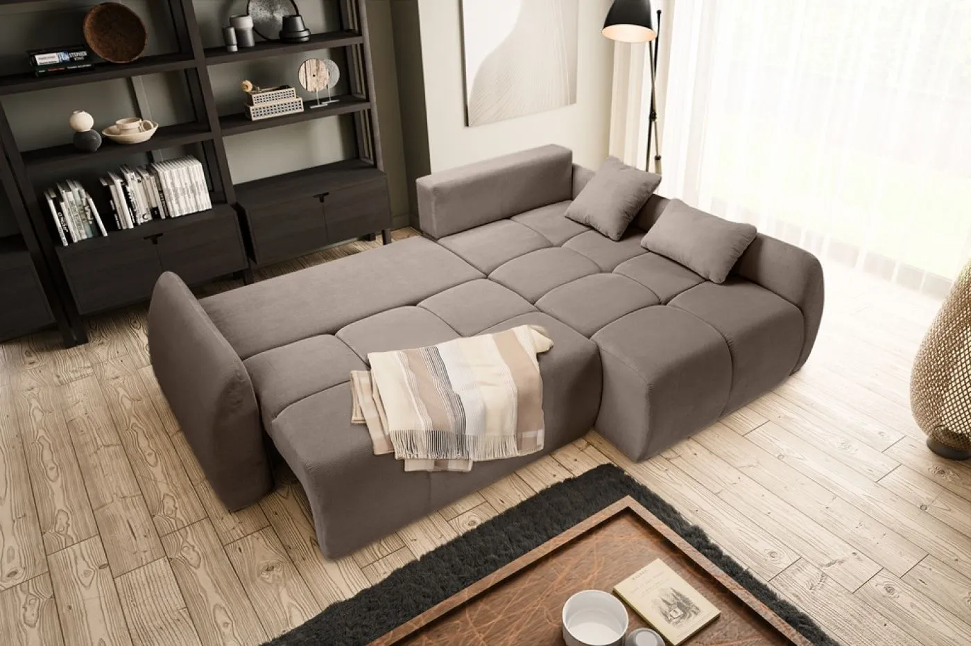 Long Eckschlafsofa Sancho rechts | 255cm | Cord | braun-beige